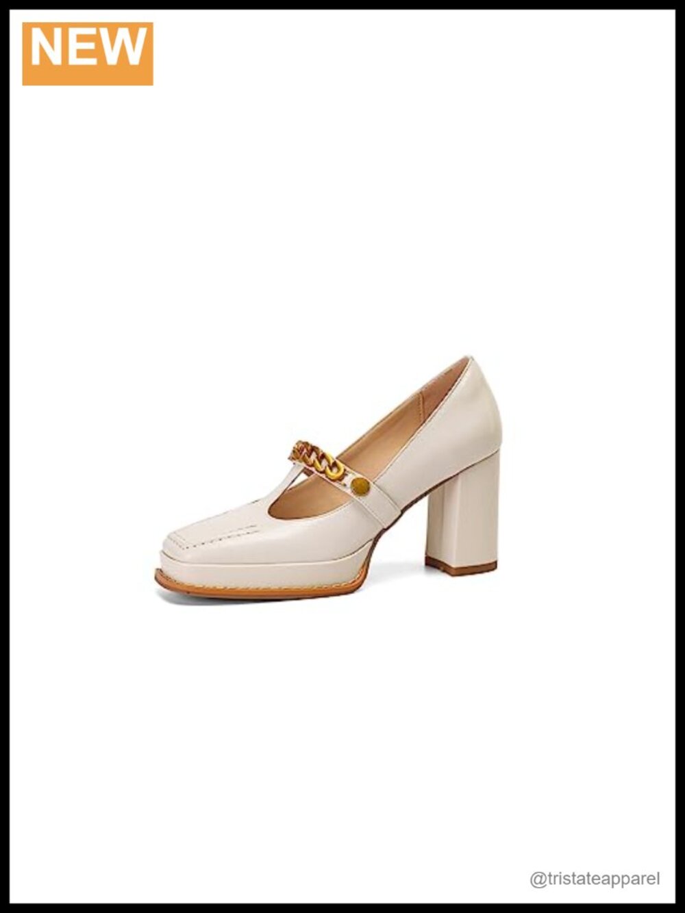 Genuine Leather T-Strap Chain Pumps Square Toe High Heel Handmade